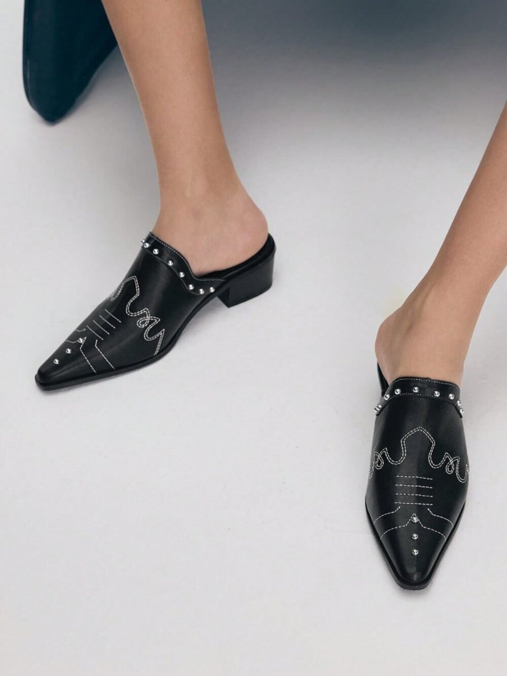 Black Casual Women's Studded Decor Pointed Toe High Heel Mules - Picture 2 of 10